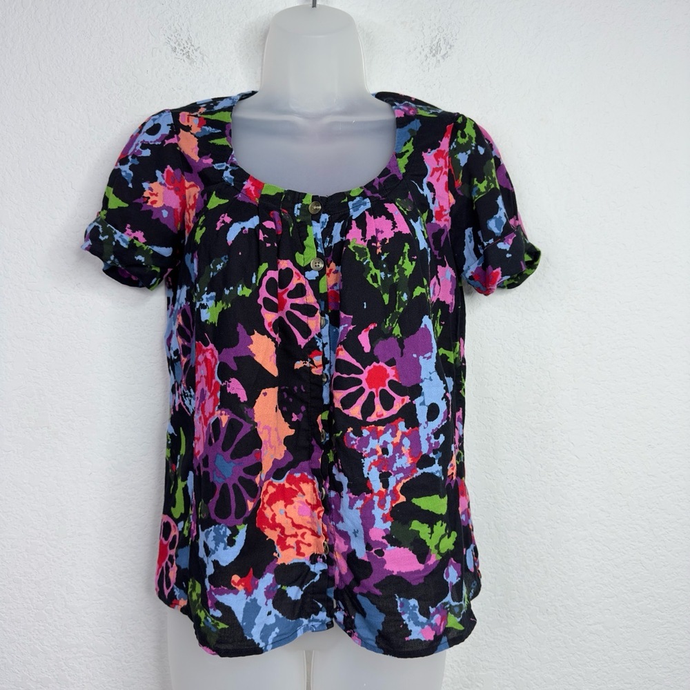 Thakoon for Target Shirt Womens XS Black Colorful Abstract Floral Boho Artsy